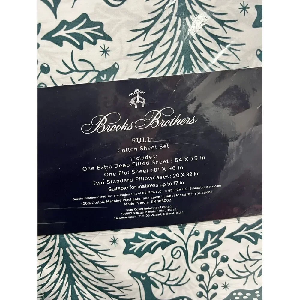Brooks Brothers Holiday Christmas Print 100% Cotton Full Sheet Set White Green